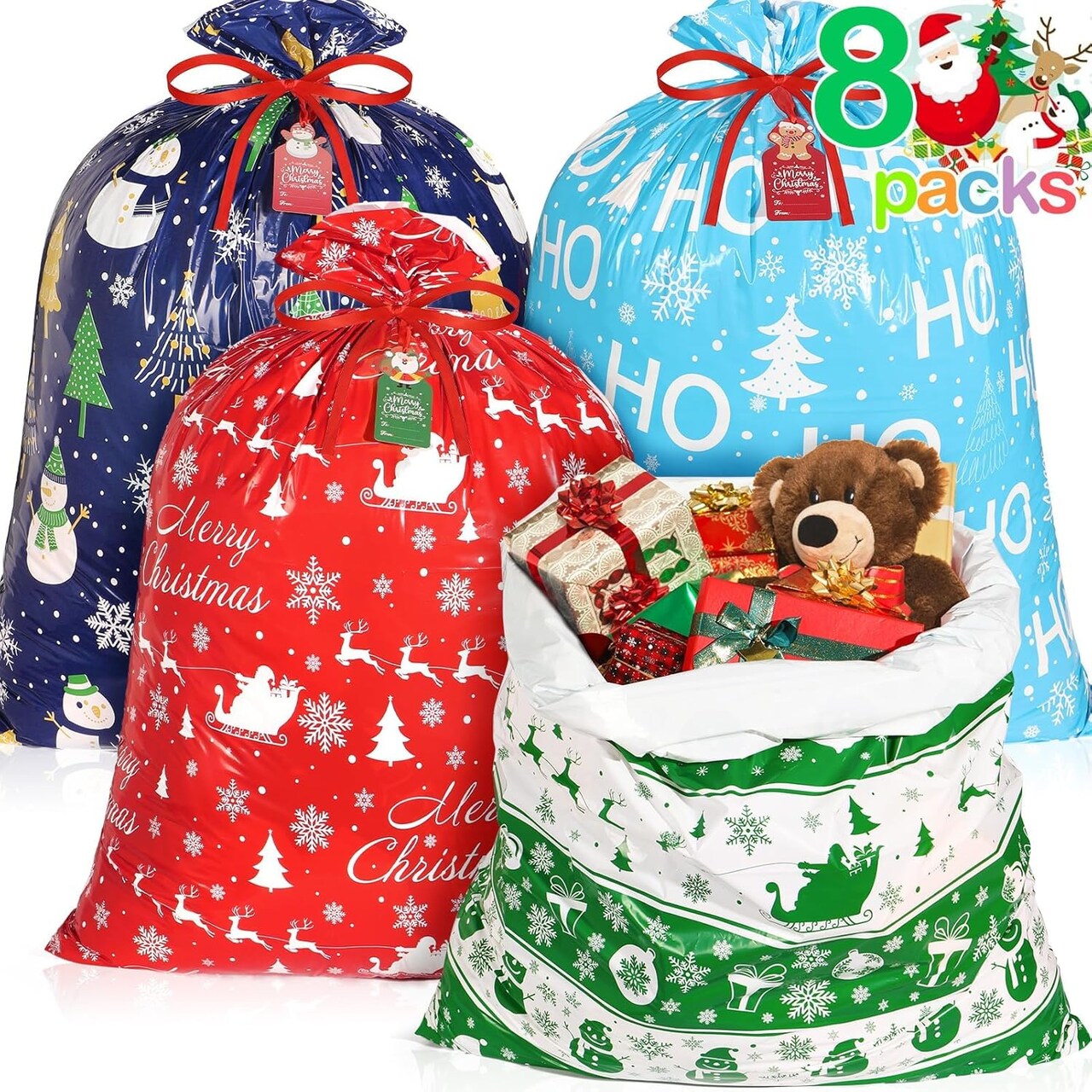8 PCS Extra Large Christmas Gift Bags With Tags & Strings, 44"X36" Jumbo Christmas Gift Bags Large Size for Giant Gifts, Plastic Gift Wrapping Bags Xmas Holiday Party Favor Decoration Supplies